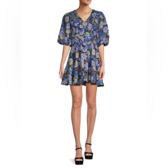 NWT Rachel Parcell Floral Linen Blend V-Neck Puff Sleeve Mini Dress Size 16 - Picture 1 of 13